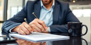 Business owner signing a document in an office.