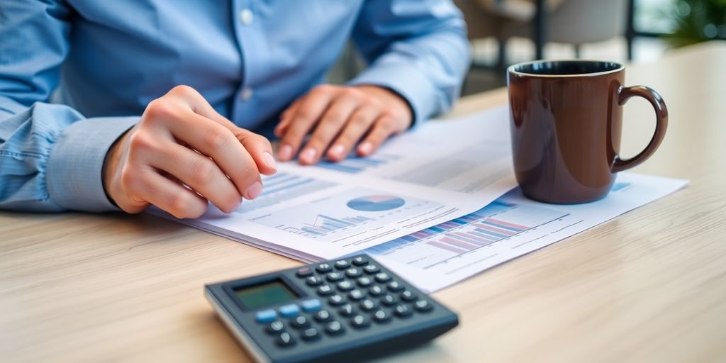 Business professional reviewing financial documents on a desk.