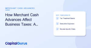 Desk with business tax documents, calculator, and payment terminal for merchant cash advance tax guide