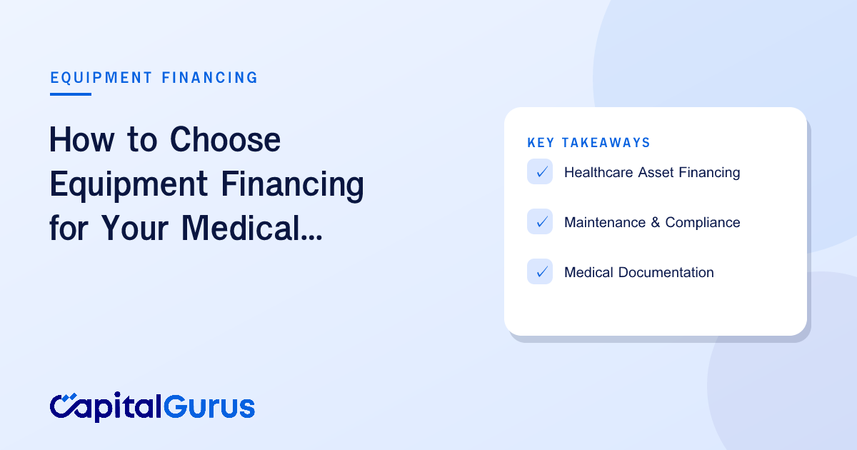 Medical practice owner reviewing financing documents with advisor surrounded by medical equipment